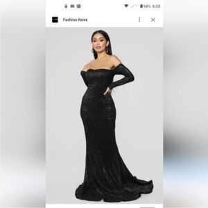 Long, Off the Shoulder Black Sequin Dress by Fashion Nova size Small.